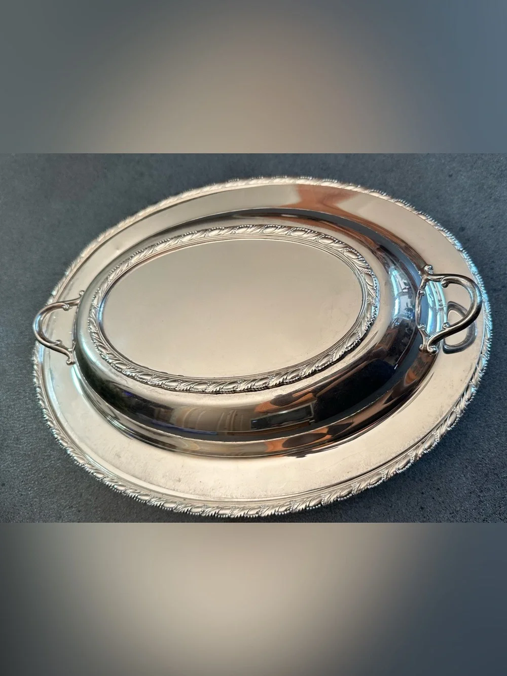 Polished Silver Oval Serving Platter with Rope-Edge and Side Handles